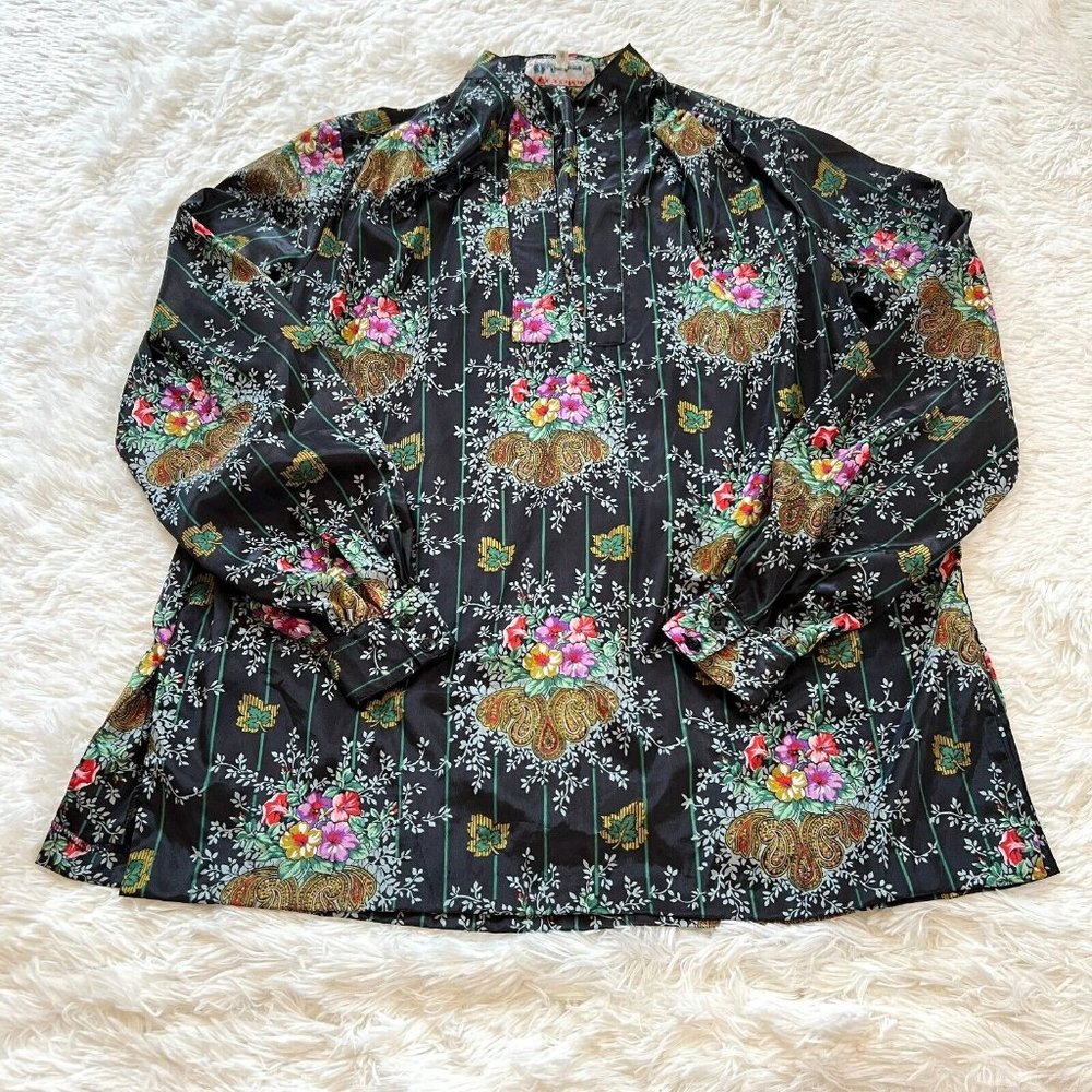 Vtg Replique Lady Manhattan Top Oversized Size 10 Satin Floral Whimsigoth 13439